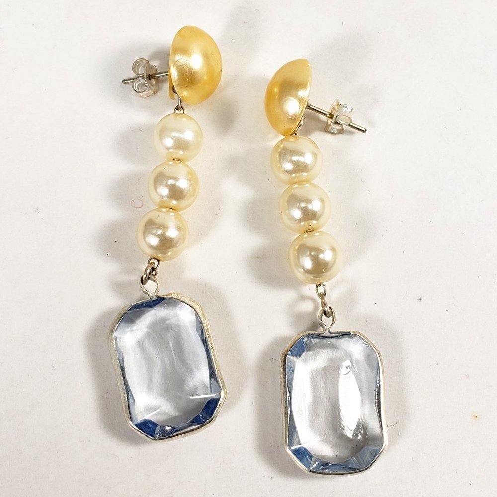 Off-White Beads Rectangular Shape Clear Stone Post Drop Dangle Earrings - Women